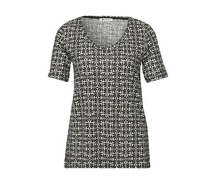 Das Street One T-Shirt hat ein schwarz-weißes Muster und einen V-Ausschnitt.