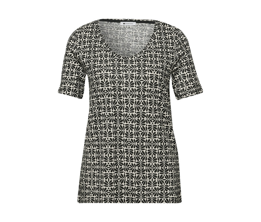 Das Street One T-Shirt hat ein schwarz-weißes Muster und einen V-Ausschnitt.
