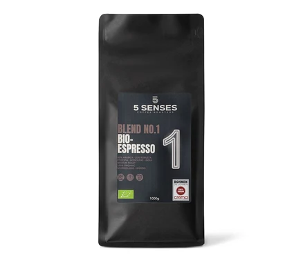 Eine 1 kg Packung 5 Senses - Blend No.1 Bio-Espresso - Ganze Bohne.