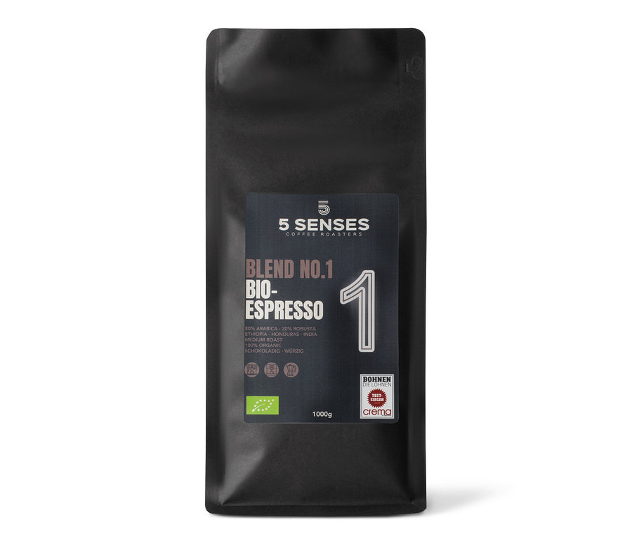 Eine 1 kg Packung 5 Senses - Blend No.1 Bio-Espresso - Ganze Bohne.