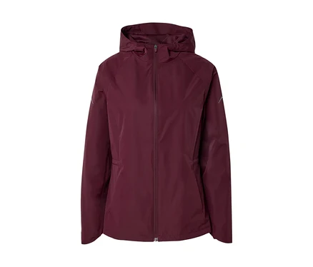 Burgunderfarbene, gefütterte Regenjacke mit Kapuze und durchgehendem Reißverschluss.