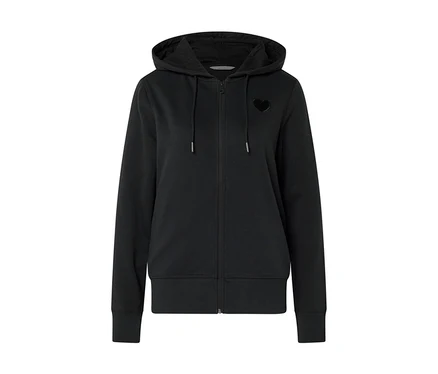 Schwarzer Kapuzenpullover mit Reißverschluss und Herz auf der Brust.