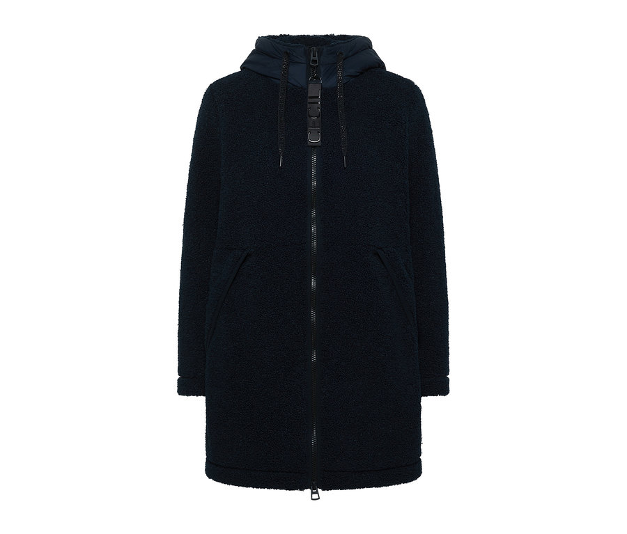 Dunkelblaue CECIL Jacke aus Teddyfell mit Kapuze und durchgehendem Reißverschluss.