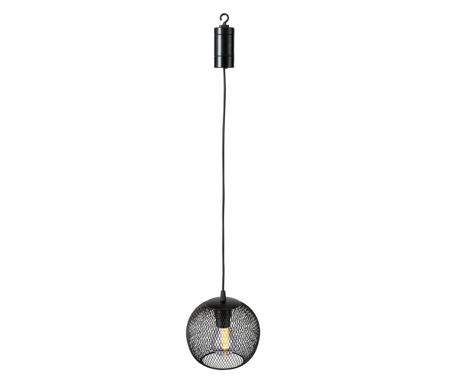 Eine schwarze LED-Outdoor-Pendelleuchte.