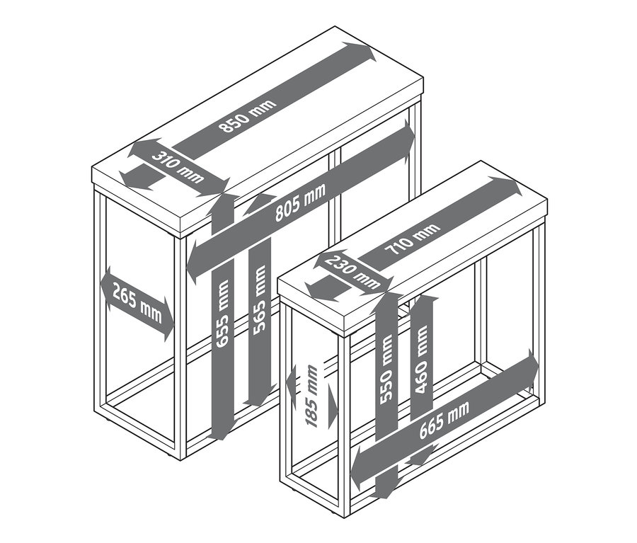 Zwei Metall-Konsolentische in Betonoptik mit Maßangaben.