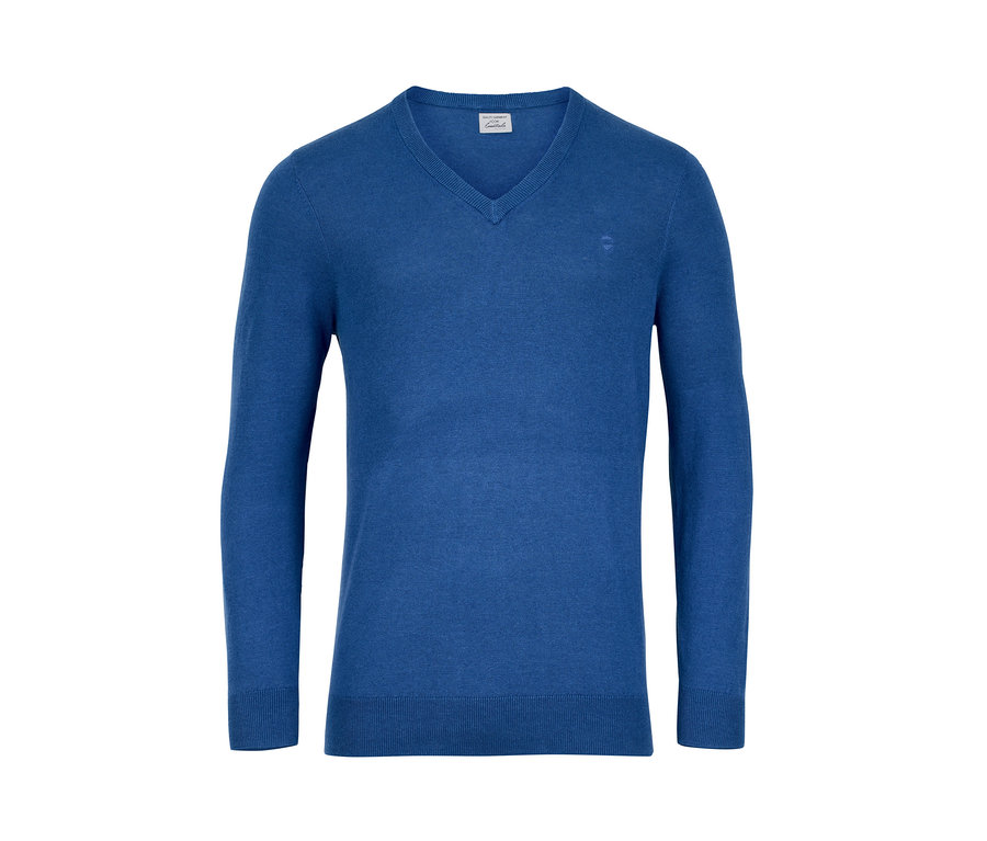 Ein royalblauer Leinenpullover mit V-Ausschnitt.