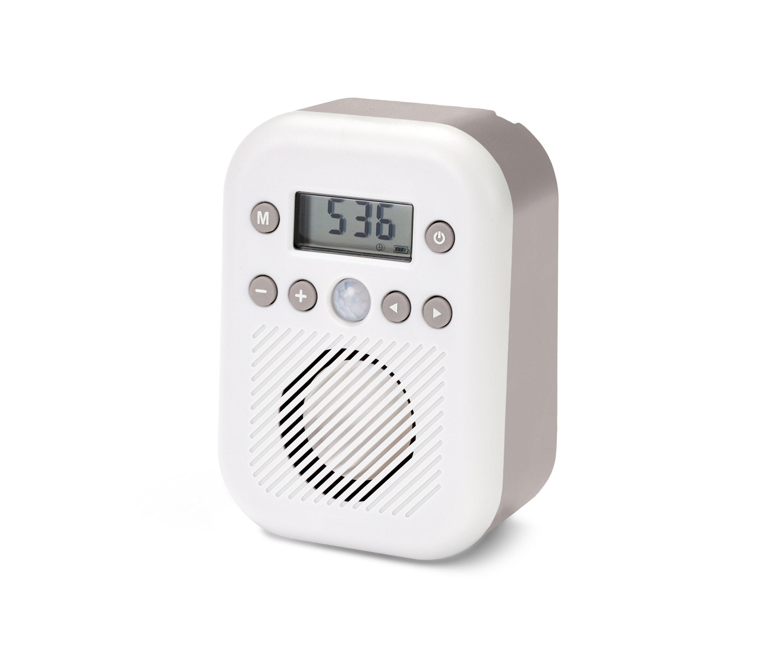 Grau-weißes Badradio mit Bewegungsmelder.