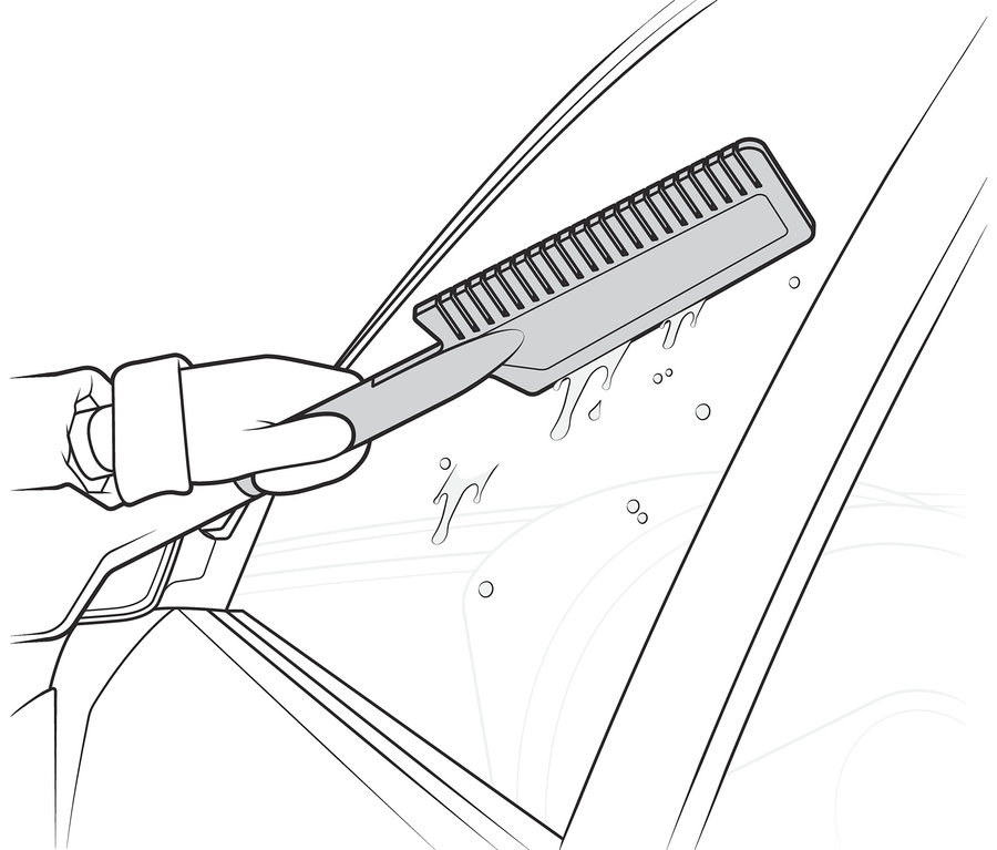 Eine Hand mit Handschuh benutzt einen 3-in-1-Auto-Eiskratzer-und-Schneefeger, um eine Autoscheibe zu reinigen.