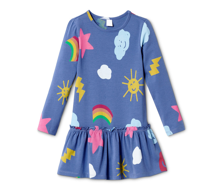 Blaues Jerseykleid aus Bio-Baumwolle mit langen Ärmeln und Aufdrucken von Sternen, Sonne, Wolken und Blitzen.