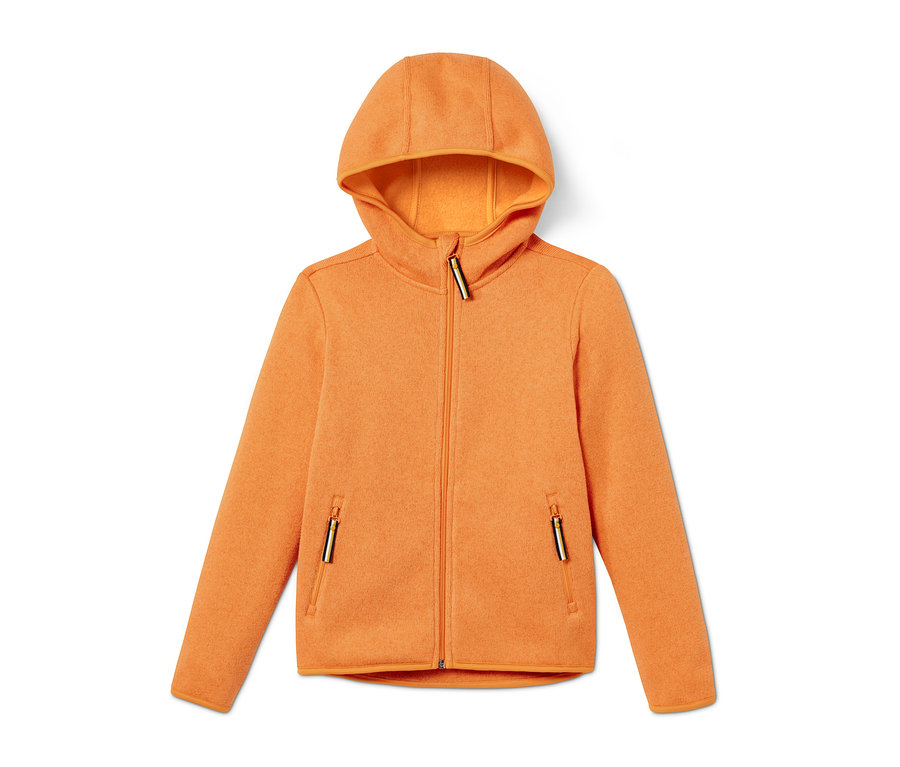 Gelb melierte Strickfleece-Jacke mit Kapuze und Reißverschluss.