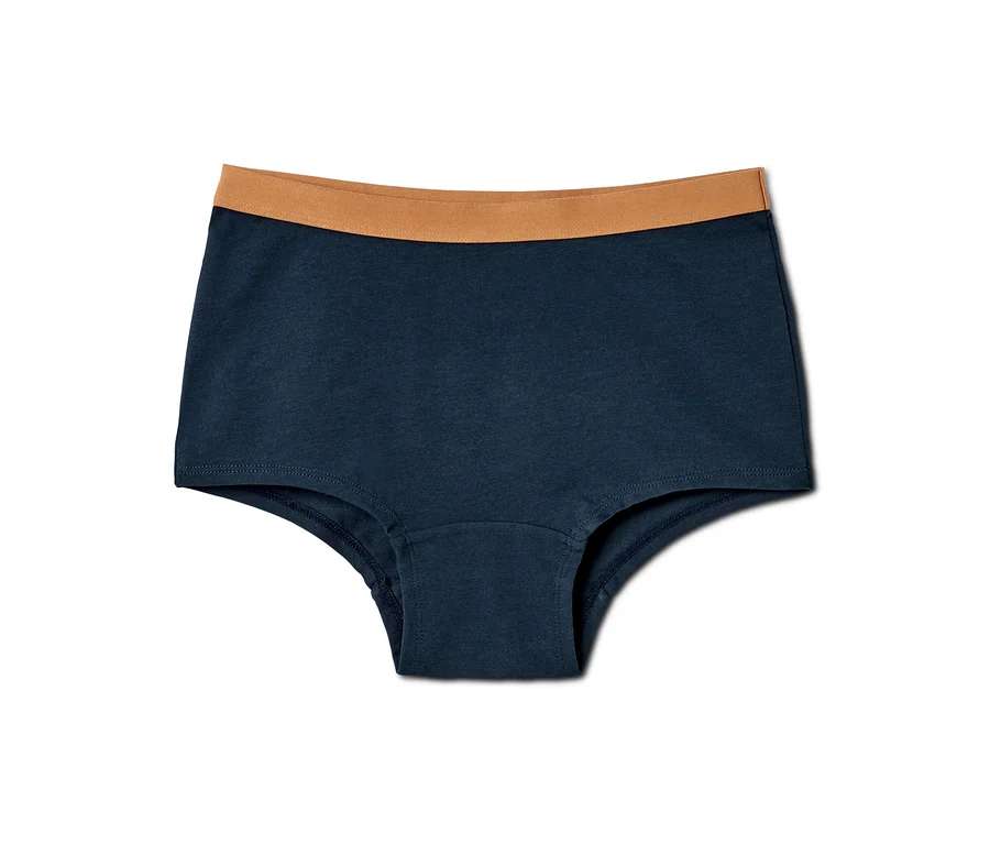 Eine marineblaue Kinder-Panty mit einem braunen Bund. 3 Kinder-Pantys.