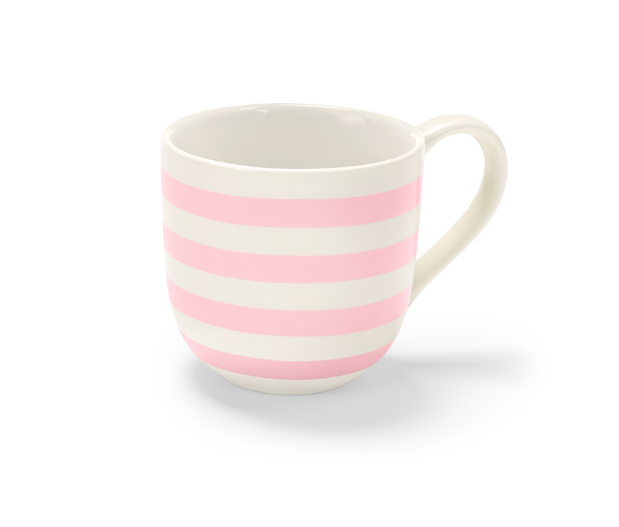 Eine Tasse mit rosa Streifen.