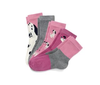 2x dunkelrosa mit Hundedessin, 1x beere mit Hundedessin, 1x grau meliert, 1x grau meliert-dunkelrosa-beerefarbenes Colorblocking-Design