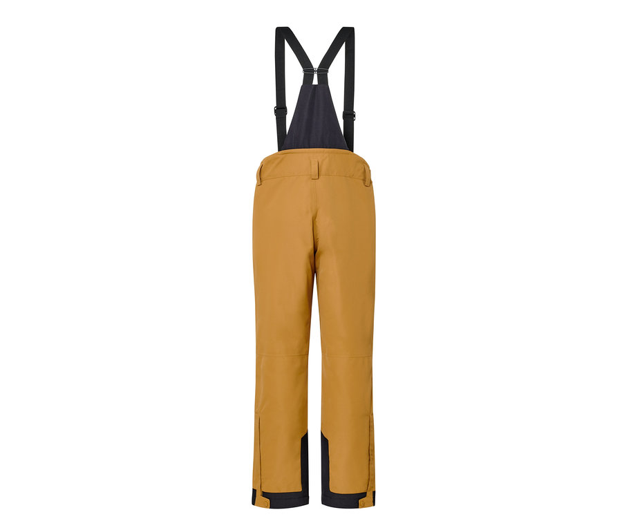 Rückansicht einer Skihose in Camel mit schwarzen, elastischen Hosenträgern.