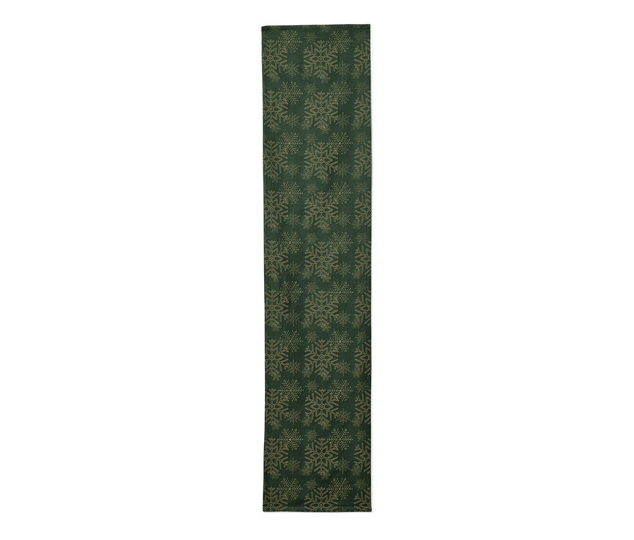 Grüner Jacquard-Tischläufer mit Schneeflockenmuster.