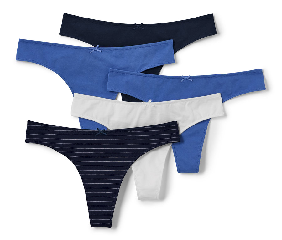 Fünf Strings in den Farben Dunkelblau, Blau, Hellblau, Weiß und Gestreift.