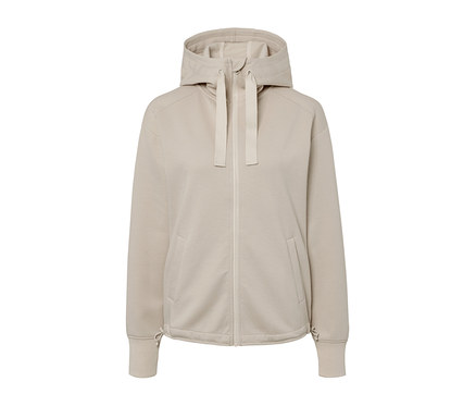Beige Kapuzen-Sweatjacke mit Reißverschluss in der Mitte.