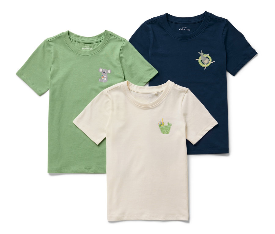 Drei Kinder-T-Shirts: grün mit Koala, creme mit Krokodil und dunkelblau mit Känguru.