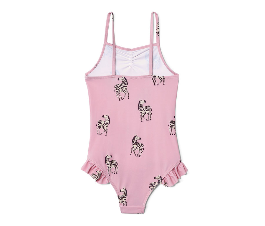 Rosa Badeanzug mit Rüschen und Zebra-Print.