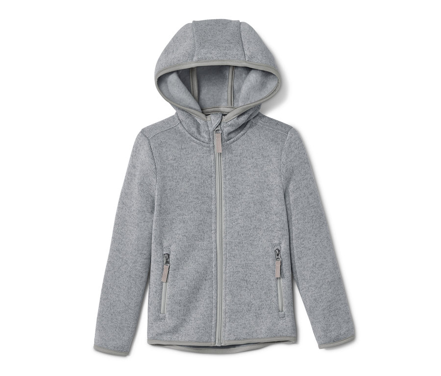 Graue Kinder-Strickfleecejacke mit Kapuze und Reißverschluss.