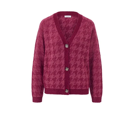 Burgunderroter Grobstrick-Cardigan mit Hahnentritt-Jacquard und Knöpfen.