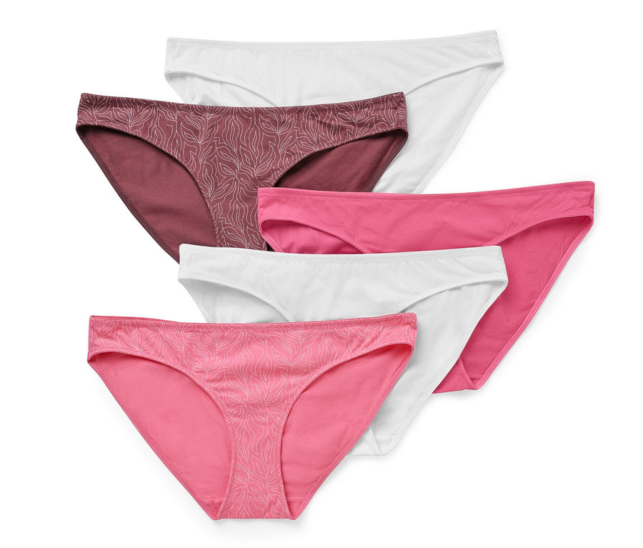 Fünf Slips in verschiedenen Farben und Mustern.