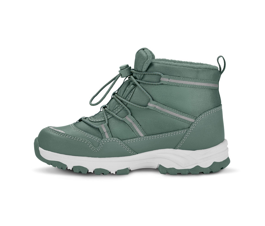 Grüner Kinder-Thermostiefel mit weißer Sohle.
