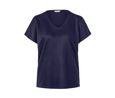 Dunkelblaues, strukturiertes Shirt mit kurzen Ärmeln und V-Ausschnitt.