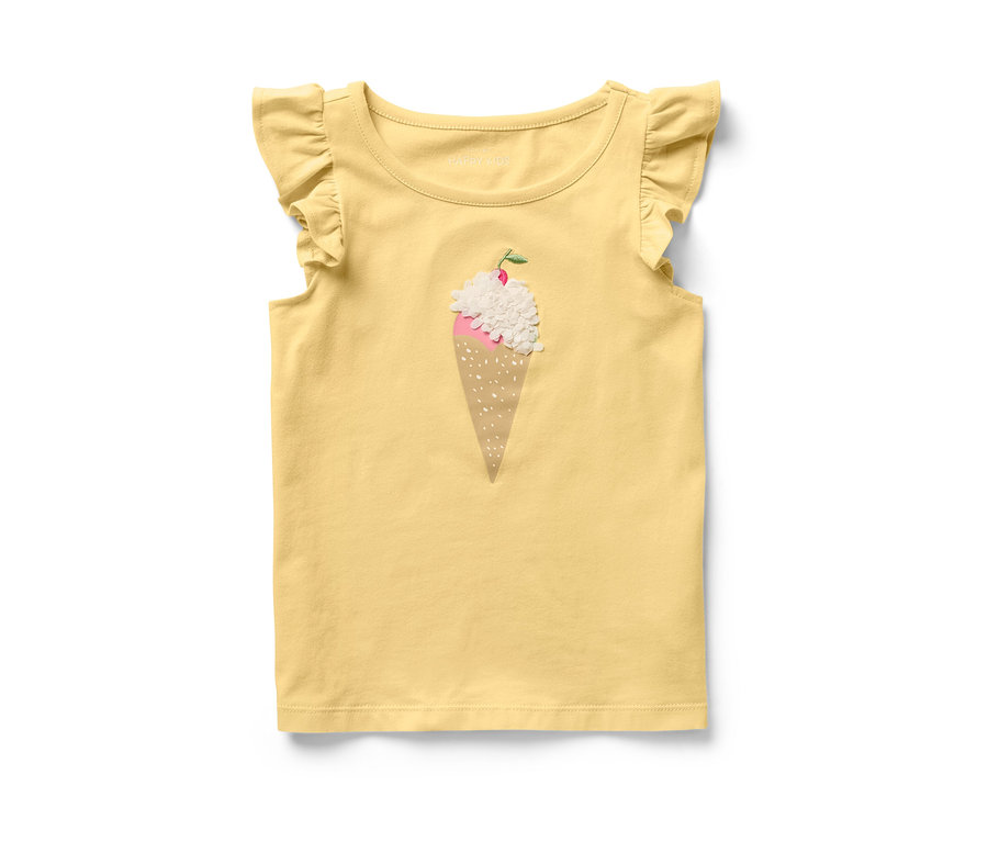 Gelbes Kinder-Shirt mit Volantärmeln und Eiscreme-Motiv.