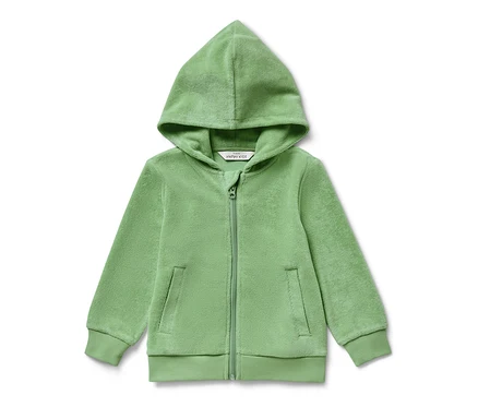 Grüne Kinder-Frottier-Jacke mit Reißverschluss und Kapuze.