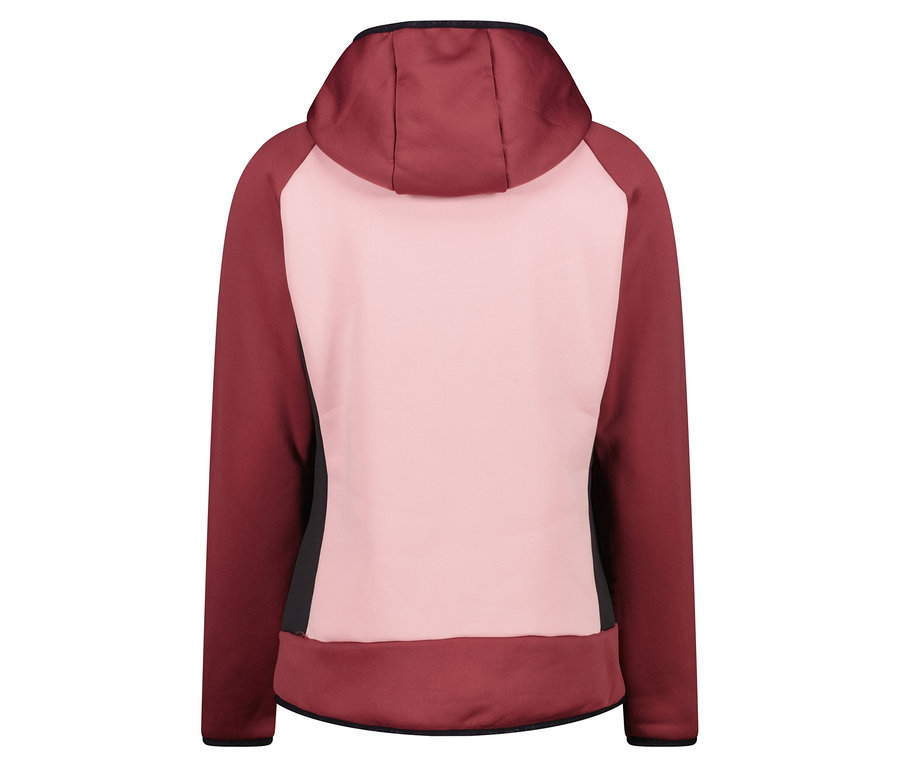 Rückansicht einer Damen-Kapuzenjacke in Rosa, Burgunderrot und Schwarz.
