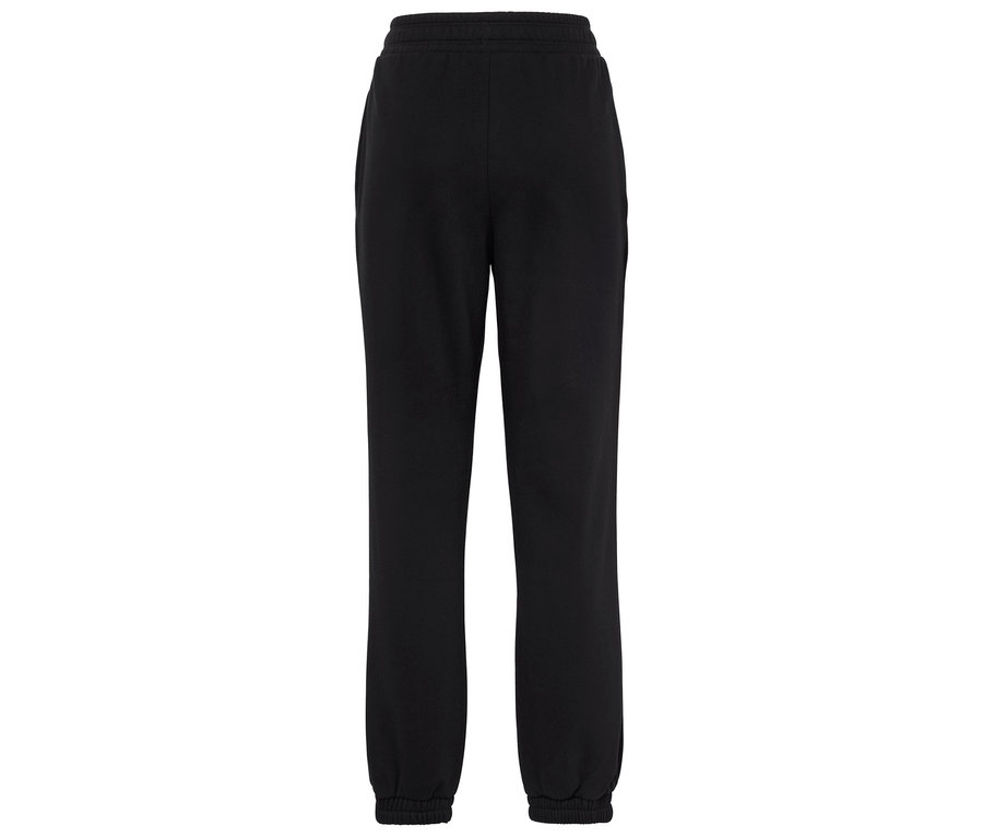 Schwarze Trainingshose mit Kordelzugbund und elastischen Bündchen.