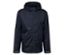 Dunkelblaue Jacke mit Kapuze und Reißverschluss in der Mitte.