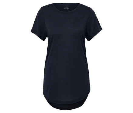 Schwarzes Kurzarm-T-Shirt mit Rundhalsausschnitt.
