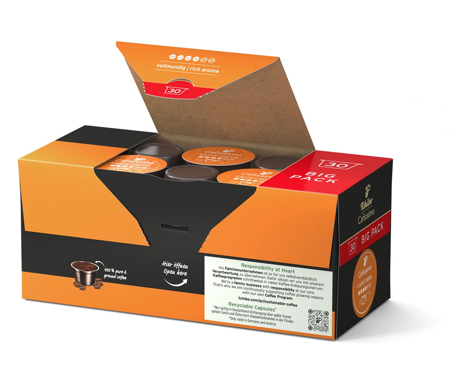 Geöffnete Packung Cafissimo Caffè Crema vollmundig mit 30 und 120 Kapseln.