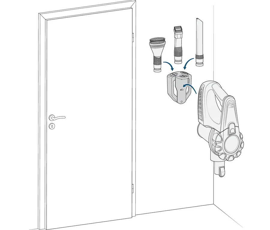 Ein Akkusauger mit verschiedenen Aufsätzen ist an der Wand neben einer Tür befestigt.