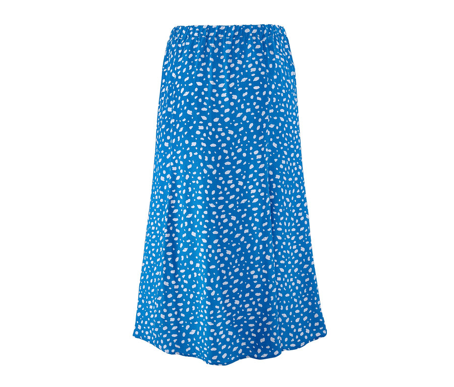 Blauer Rock mit weißem Print.