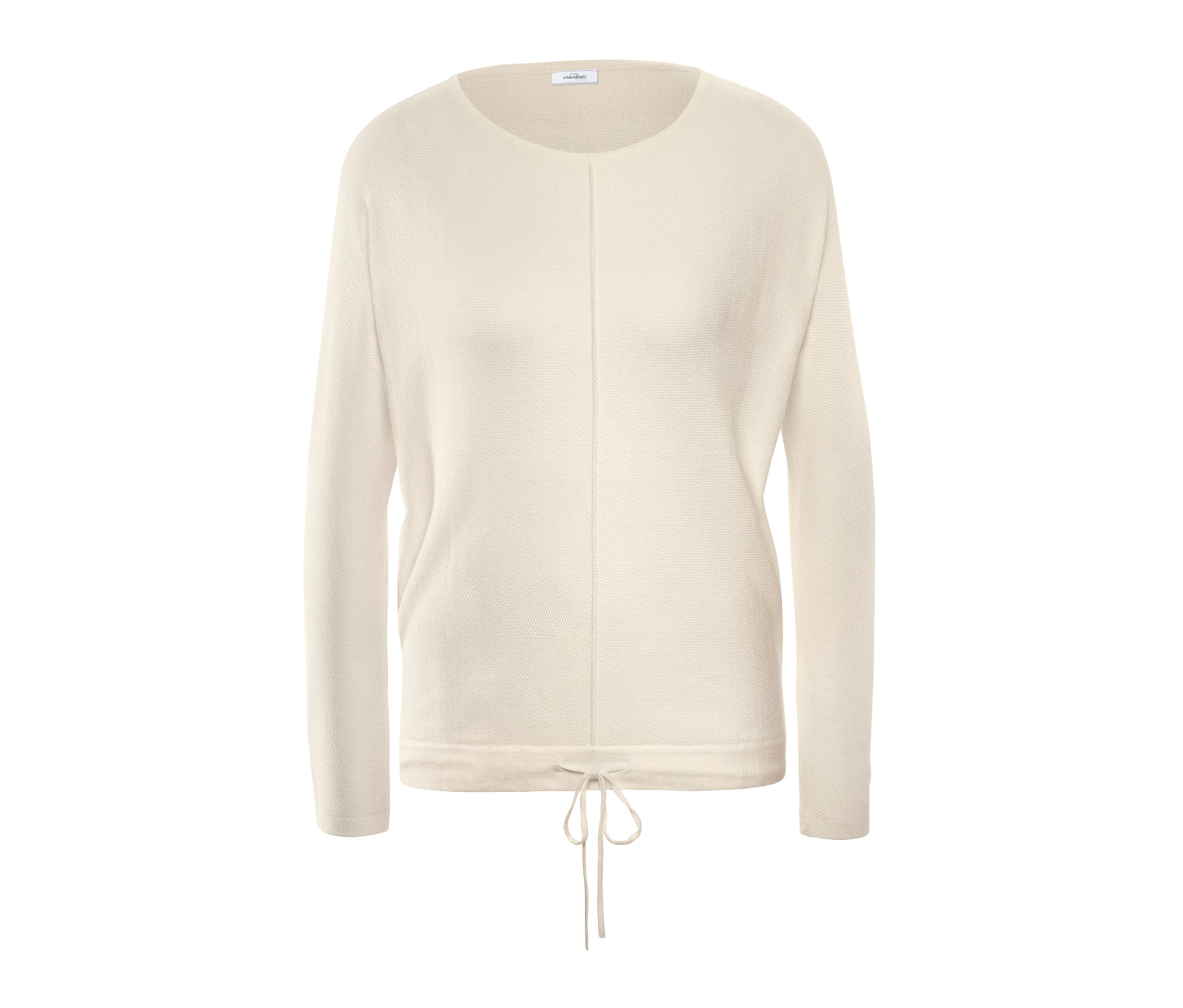 Ein cremefarbener Strickpullover mit Tunnelzug.