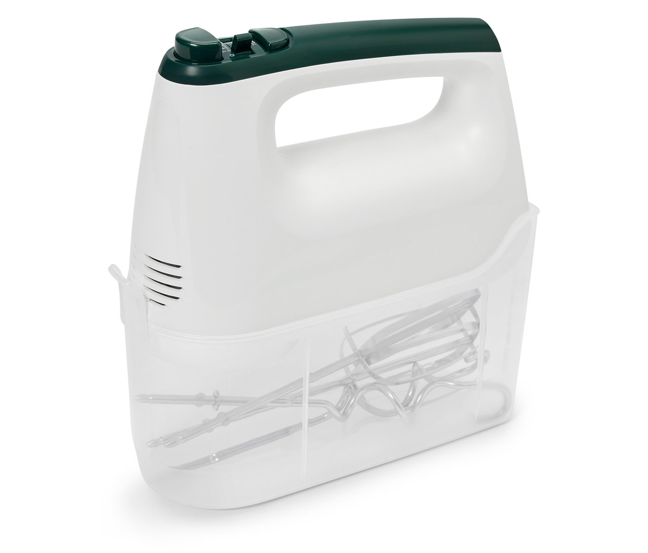 Ein weißer Handmixer mit dunkelgrünem Griff und durchsichtigem Aufbewahrungsbehälter für die Schneebesen.