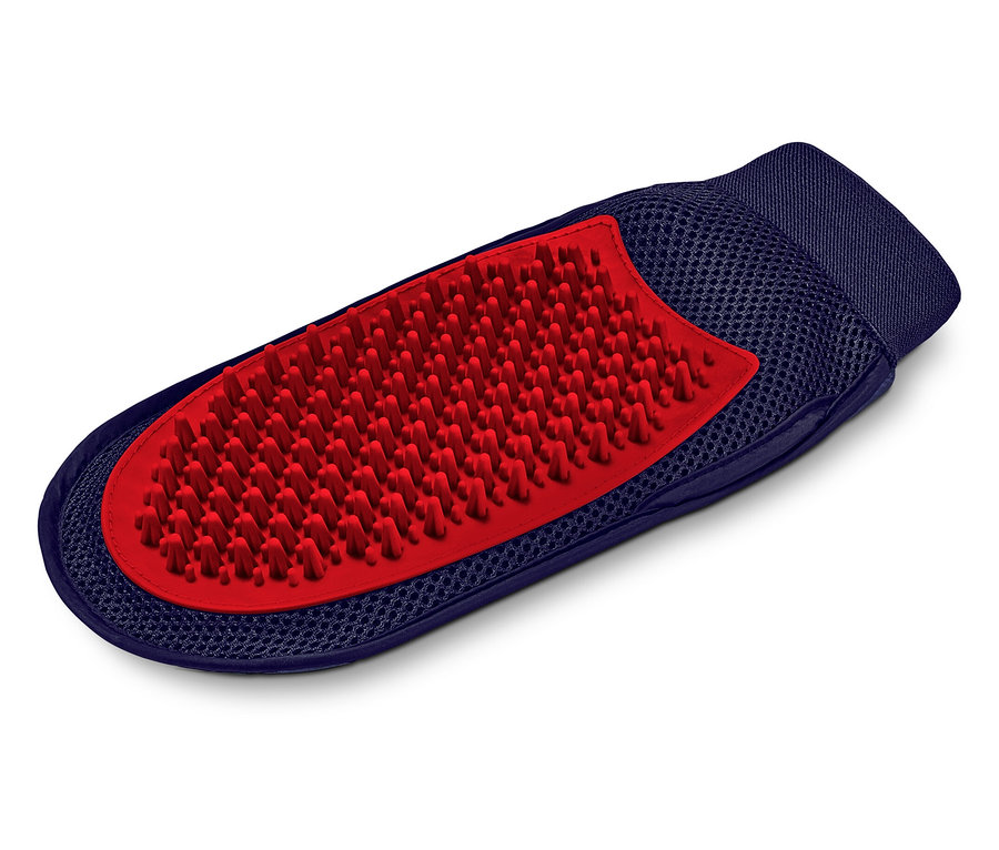 Blaue Tierbürste mit roten Borsten.