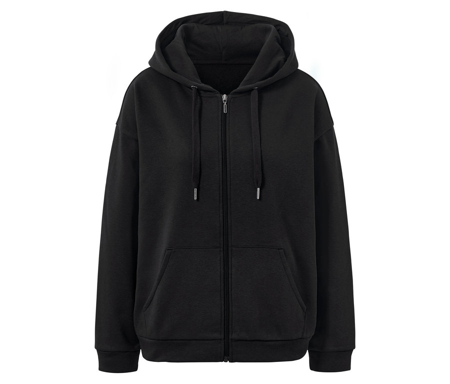 Schwarzer Hoodie mit Reißverschluss in der Mitte.