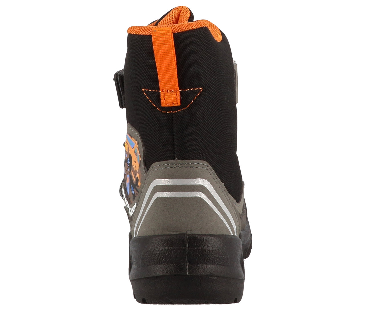 Rückansicht eines LURCHI »Kojo-SYMPATEX« Knöchelschuhs in Schwarzgrau mit orangen Details.