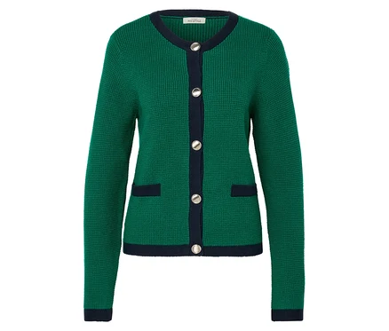 Grüner Cardigan aus Strukturstrick mit marineblauen Akzenten und silbernen Knöpfen.