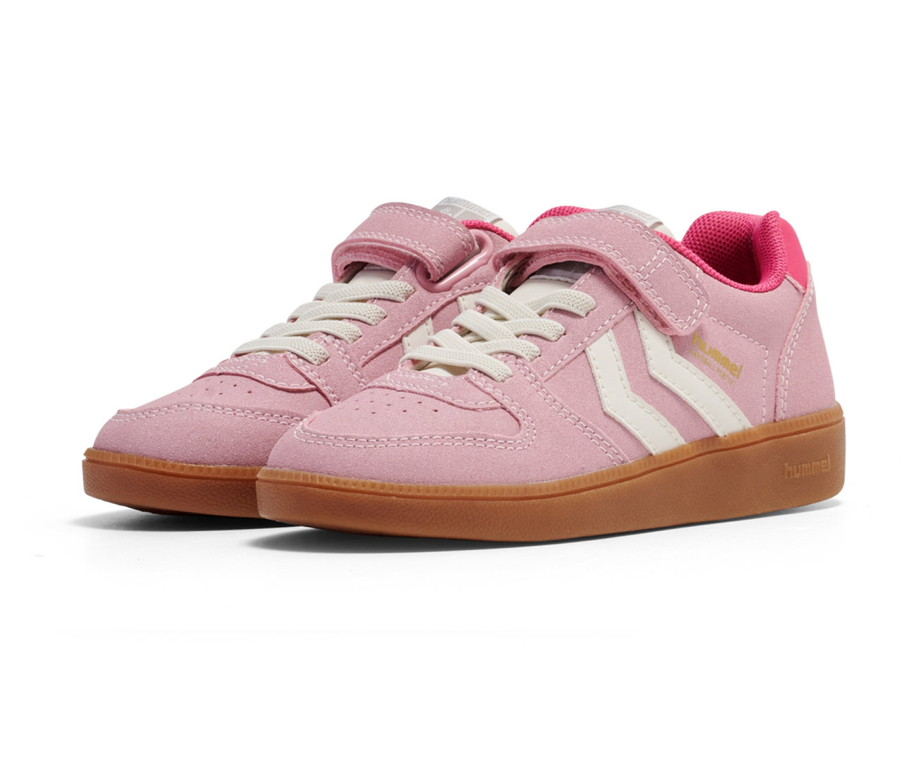 Zwei rosa hummel® Sneaker Handball Perfekt CL JR mit Klettverschluss und weißen Schnürsenkeln stehen nebeneinander.