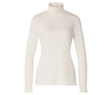 Cremeweißes, langärmeliges Rollkragenshirt.