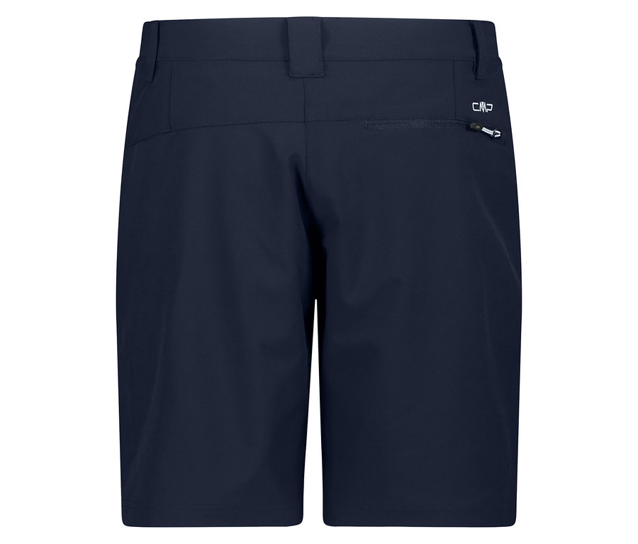 Rückansicht der marineblauen CMP Damen-4-Wege-Stretch-Bermuda-Shorts mit Reißverschlusstasche.