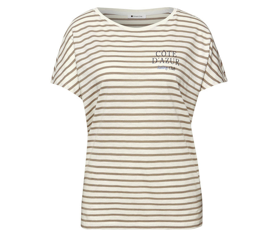 Street One T-Shirt, beige-weiß, mit horizontalen Streifen und der Aufschrift "CÔTE D'AZUR Sailing Club" auf der Vorderseite.