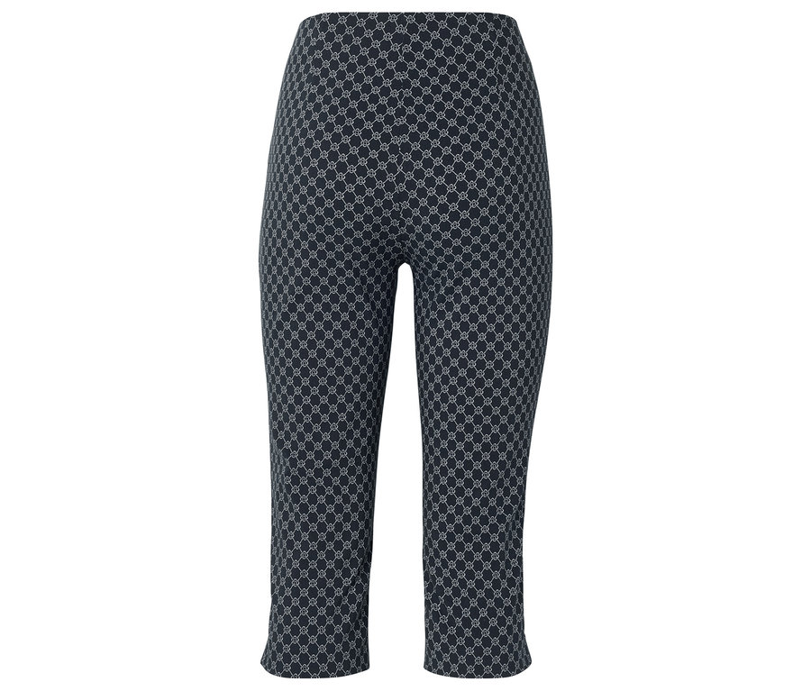 Dunkelblaue Hose mit geometrischem Muster.