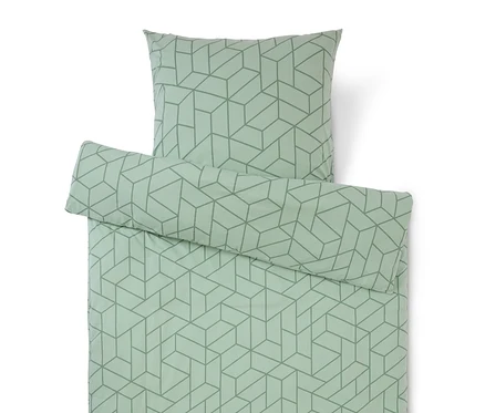 Bettwäsche-Set in Hellgrün mit geometrischem Muster, bestehend aus einem Kissenbezug und einem Bettbezug.