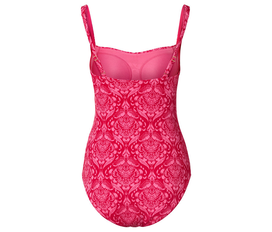 Rückansicht eines pinkfarbenen Badeanzugs mit Trägern und einem Allover-Muster.
